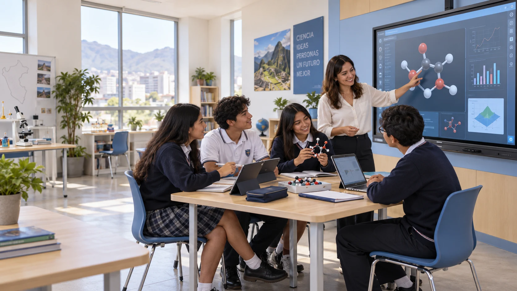 Docente y estudiantes colaboran con tablets, un modelo molecular y una pantalla interactiva en un aula digital.