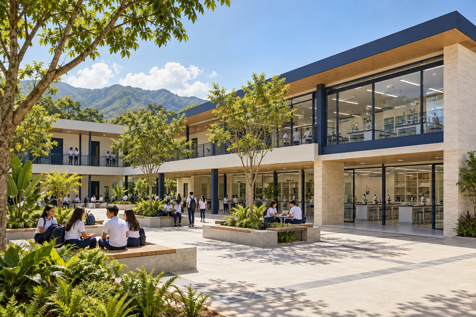 Vista arquitectónica ilustrativa de un campus educativo con espacios de aprendizaje y áreas verdes.