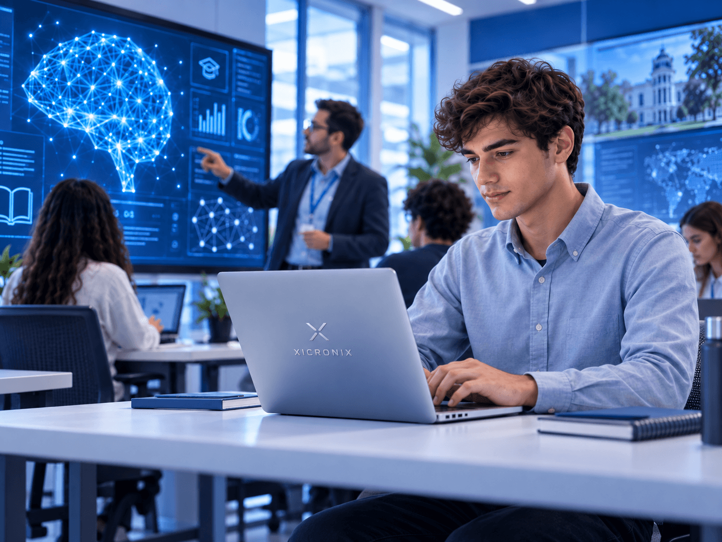 Estudiante universitario trabajando con inteligencia artificial educativa