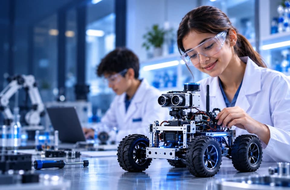 Estudiante trabajando con un rover robótico en un laboratorio moderno