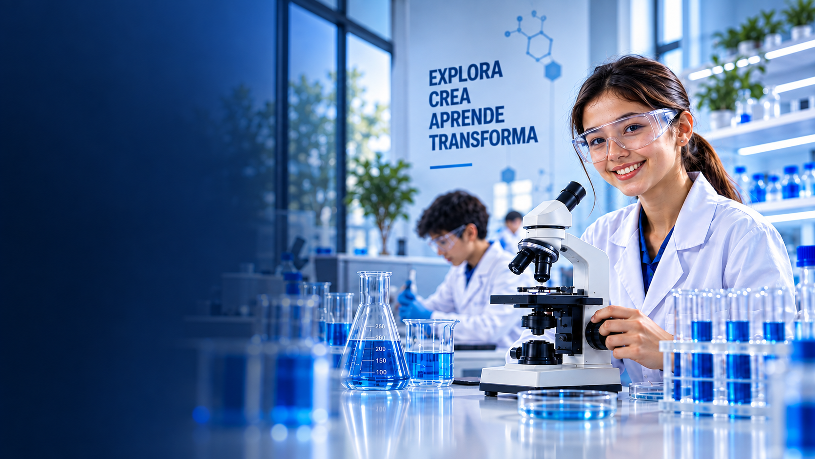 Joven científica trabajando junto a un microscopio en un laboratorio moderno