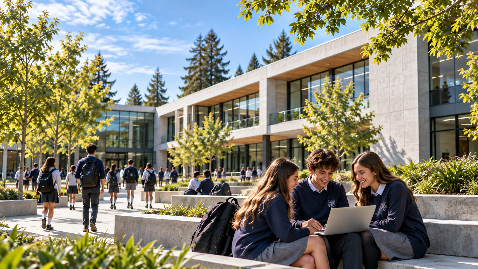 Representación conceptual de un colegio moderno con estudiantes colaborando en un campus educativo